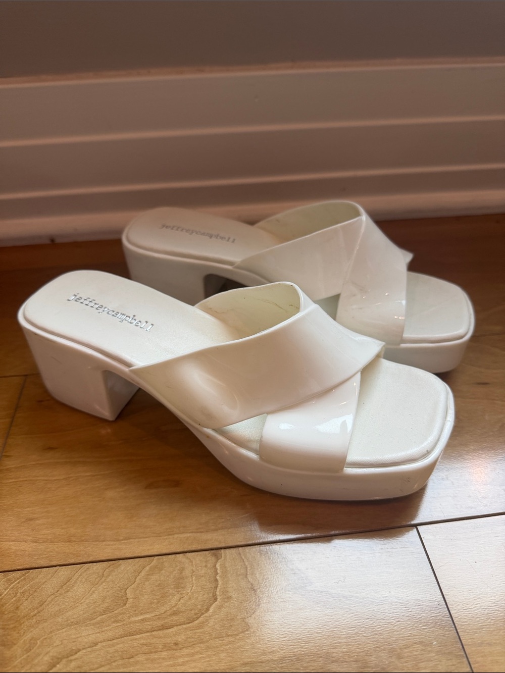 Jeffrey Campbell White Patent Crisscross Platform Mules